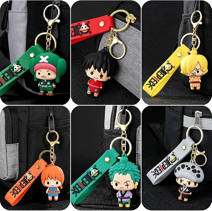 6Pcs OP Anime Keychain Set, Fun Cartoon Figures Keyring, Cute Collectible Pendant Keys Gift for Men Women Lovers