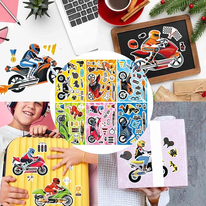 24 Sheets Motorcycle Stickers for Kids, Make a Motocross Face Sticker, Make Your Own Dirt Motobike Stickers for Kids Party Favor Birthday Party Supplies Crafts