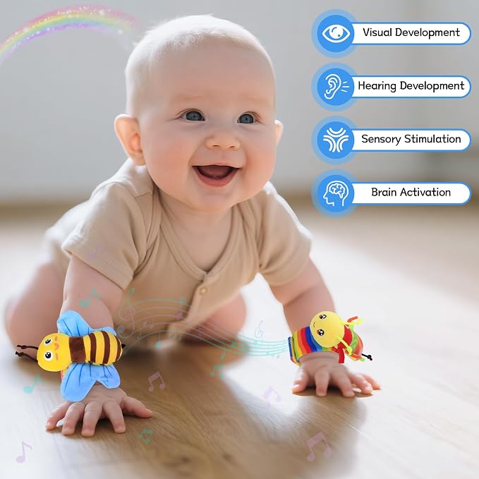 Baby Sensory Toys 0-6 Months, Socks and Foot Finder Set with Sounds for Babies 6-12 Months, Wrist Rattles for Babies 0-12 Months, Newborn Essentials Toy, Toddler Baby Boy Girl Shower Gifts