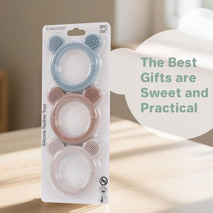 Eascrozn Teething Toys 3-6 Months, 3 Pack Silicone Teethers for Babies 6-12 Months, BPA Free Soft Textured Teething Relief Soothing Sore Gums Baby Essentials