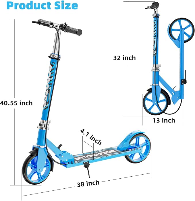 Scooters for Kids 8-12, Teens & Adults - Lightweight, Foldable, 8-Inch Big Wheels, Hand Brake & Bell, 4 Adjustable Height Levels, 240 lbs Max Load, Perfect for School, Campus and Park Rides