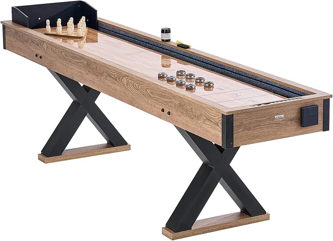 VEVOR Shuffleboard Table, 9 ft Shuffleboard for Family Game Rooms, 2 in 1 Shuffleboard and Bowling Combo Game Set, with Scratch-Resistant Playfield, Legs, 8 Pucks, Bowling Set, Wax, and Table Brush