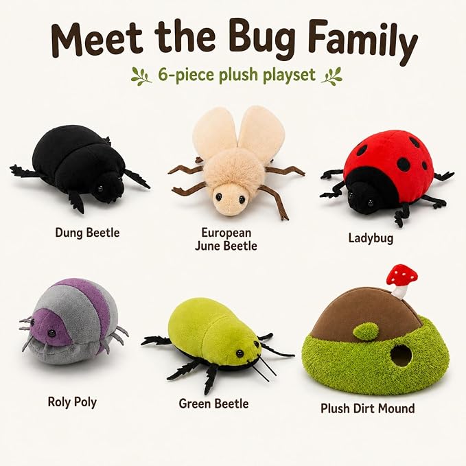 Bug Plush Toy Set, 5 Beetle Stuffed Animals with Dirt Mound Plushie, Hide and Seek Zipper Storage Habitat, Ladybug and Roly Poly Plush Toys, Gift for Kids Insect Lovers, 12 Inch