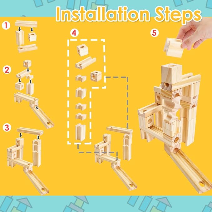 Wooden Marble Run for Kids Ages 4-8, 60 Pieces Wood Building Blocks Toys and Construction Play Set, Marble Track Maze Game STEM Learning Toys Gifts for Boys Girls (60pc Set)