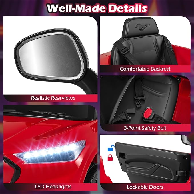 Costzon Ride on Car, 12V Licensed Ford Mach E Kids Electric Vehicle with Parent Control, LED Lights, Horn, Music, Wireless Connection & Spring Suspension, Kids Car Toy for Girls Boys (Red)