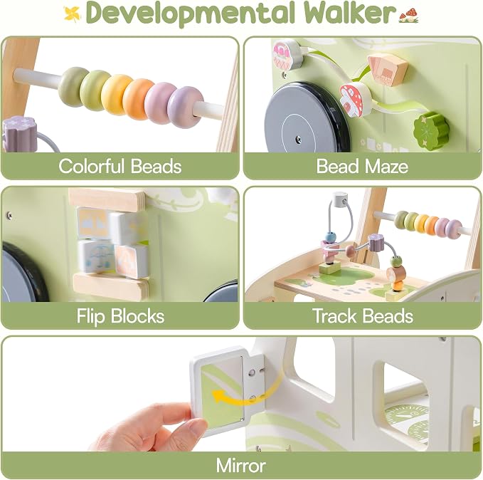 ROBOTIME Wooden Baby Walker, Baby Push Walker, Ajustable Speed Multi-Functional Baby Walker with Wheels for Babies Learning to Walk, Sit-to-Stand (Green)