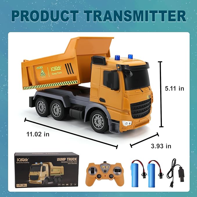 IQKidz Remote Control Dump Truck Toys - RC Construction Vehicles with Blue Warning Lights, Trucks Toy for Boys Girls 3 4 5-7 8 9 10 Year Old and Up, Best Birthday Gift Ideas for Kids Age 5-10
