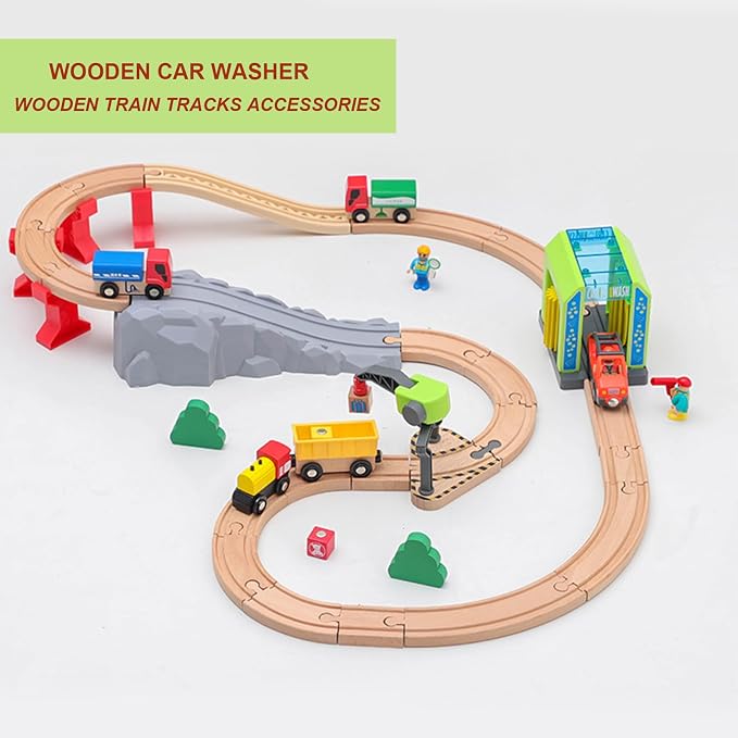 Car Wash Toy for Wooden Train Set Accessories,Wooden Train Washing Station Playset for Toddlers,Compatible with Thomas, Brio, Chuggington