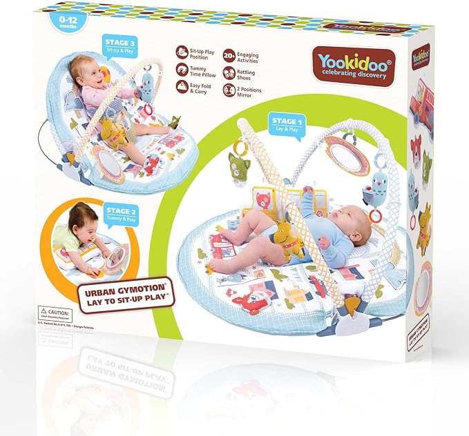 Yookidoo Baby Gym Urban- Lay to Sit-Up Play Mat, 3-in-1 Infant Activity Center with Tummy Time Pillow, Rattle Shoes & Plush Toys for Newborns, 0-12 Months