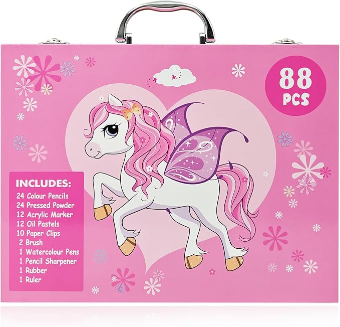 88Pcs Little Pink Horse Markers Set, Drawing Set For Artists, Portable Art Case, Color Pencils, Pressed Powder, Acrylic Marker, Oil Pastels with Case ect