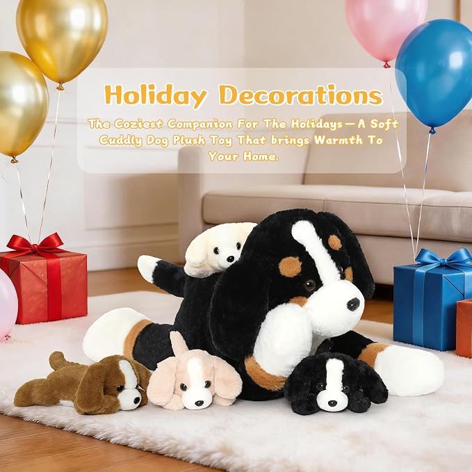 Tezituor Bernese Mountain Dog Stuffed Animal,24 Inch Mommy Dog Plush with 4 Puppies,5-in-1 Realistic Plush Dog with Zipper,Large Stuffed Dog Toy Gift for Kids,Girls,Boys,Dog Lovers Christmas Birthday