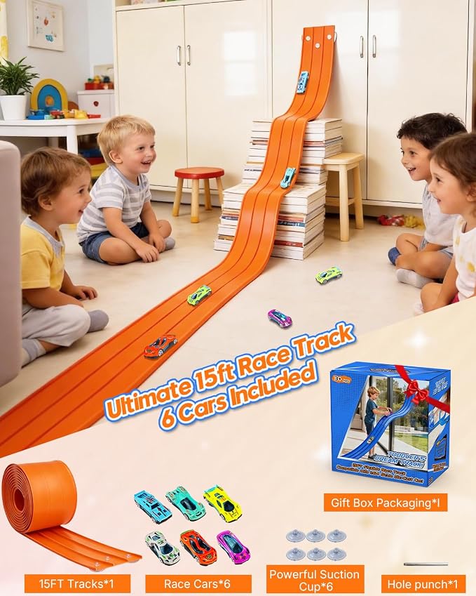 3-Lane Flex Track 15 Ft Flex Race Car Track with 6 Toy Cars,Portable DIY Racetrack Compatible Diecast 1/64th Cars for Ages 3 Up,Birthday Gifts for Boys(Orange)