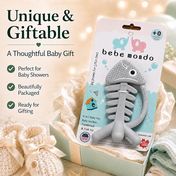 3 in 1 Infant Toys, Baby Teething Toys 3–6 6–12 Months, Teethers for Babies 0–3–6–12 Months for Teething Relief, Baby Gift, Baby Teether Toys, Silicone Sensory Toys, USA Patent Pending, Fish (Gray)