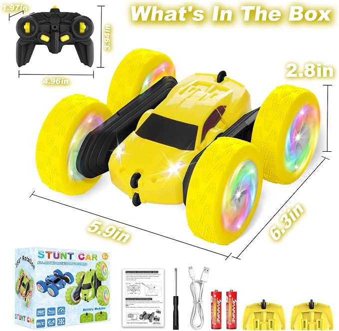 Remote Control Car, Outdoor Toys RC Cars for Kids Ages 6-12, 4WD Double Sided Stunt Vehicle with Upgraded USB-C Modular Batteries, 5 6 7 8 9 10+ Year Old Boy Birthday Yellow