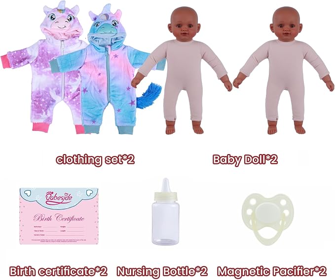BABESIDE Black Baby Dolls Twins - 17inch Realistic Soft Cloth Body Dolls with Brown Eyes, 3+ Year Old Girls Gifts, Ideal for Nurturing, Interactive Play & Cuddling