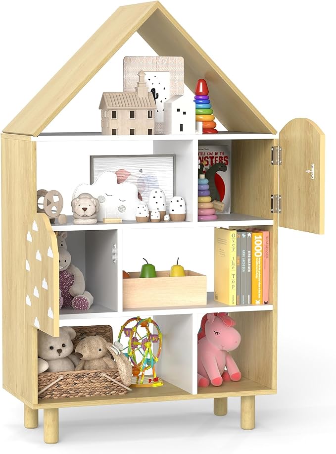 Costzon Kids Dollhouse Bookshelf w/ 2 Doors, Wooden Toy Storage Organizer w/Anti-toppling Devices & Solid Wood Legs, House-Shaped Toddler Bookshelf for Kids Room, Playroom, Nursery, Bedroom, Natural