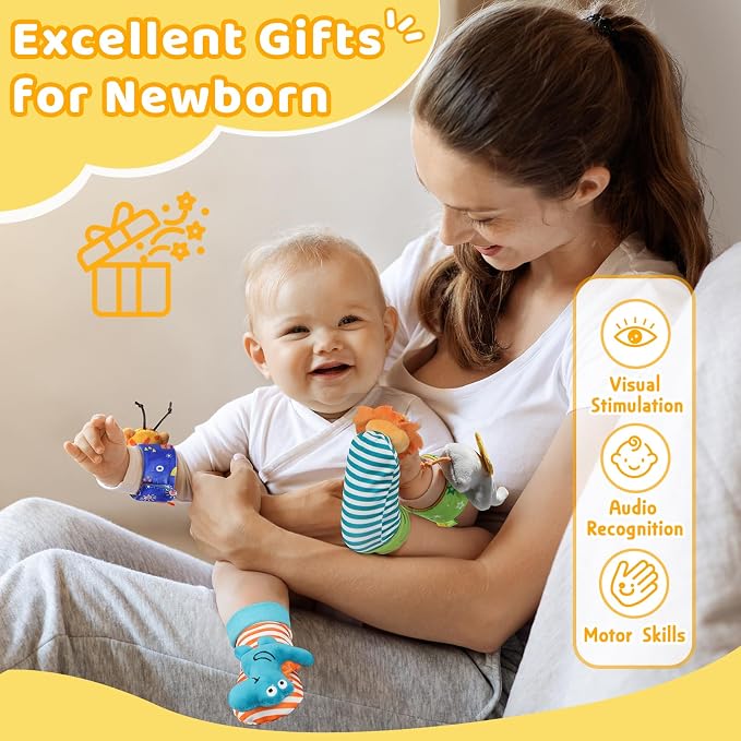 URMYWO Wrist Rattles for Baby - Rattle Socks - Foot Finder Set - Baby Toys for 0-12 Months Infant - Newborn Essentials - Early Learning Sensery Toys for Boy Girl as Shower Gifts