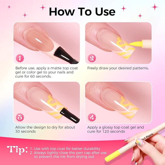 6 Colors Nail Art Pens Set, 3D Nail Polish Pens Quick-Drying Acrylic Paint Markers, Dotting Liner Brush for DIY Nail Design, Home & Salon Manicure Tools