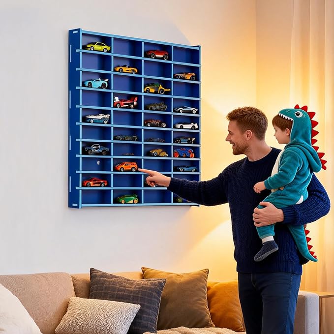 Krafetto 2 Pack Toy Car Display Shelf, Holds 80 Diecast 1/64 Toy Cars, Wall Mount Model Car Storage Organize Case, Blue