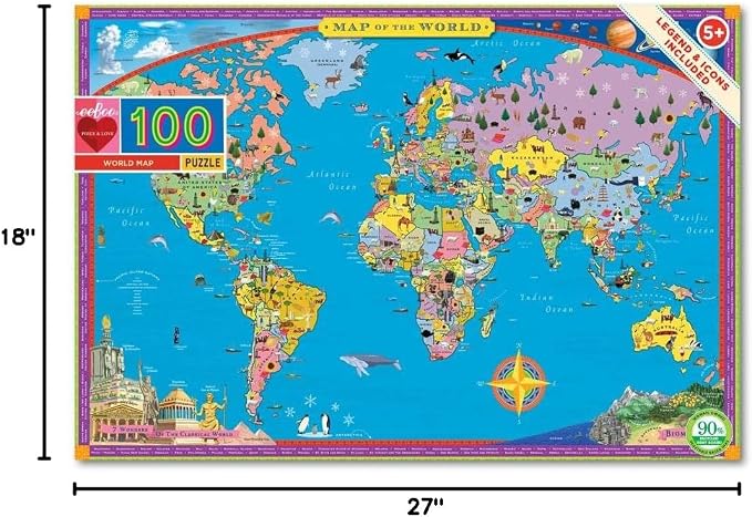 eeBoo 100 Piece Puzzle for Kids - World Map Children's Puzzle Geography Themed, Large Pieces for Small Hands to Develop Motor Skills