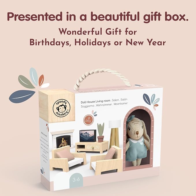 SPEEDY MONKEY Cozy Dollhouse Living Room Playset with Bunny β Miniature FSC Wooden Furniture Sofa, TV β Pretend Play Fully Furnished Farmhouse Accessories for Kid, Toddler, Girl β Doll House Decor Toy