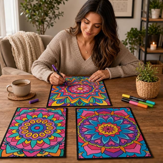 Cinrobiye 48 Pcs Velvet Coloring Posters Mandala Fuzzy Posters to Color Bulk Felt Mandala Coloring Page Craft for Adults Teenagers All Ages Classroom Assisted Living Festive Holiday Art&Craft Activity