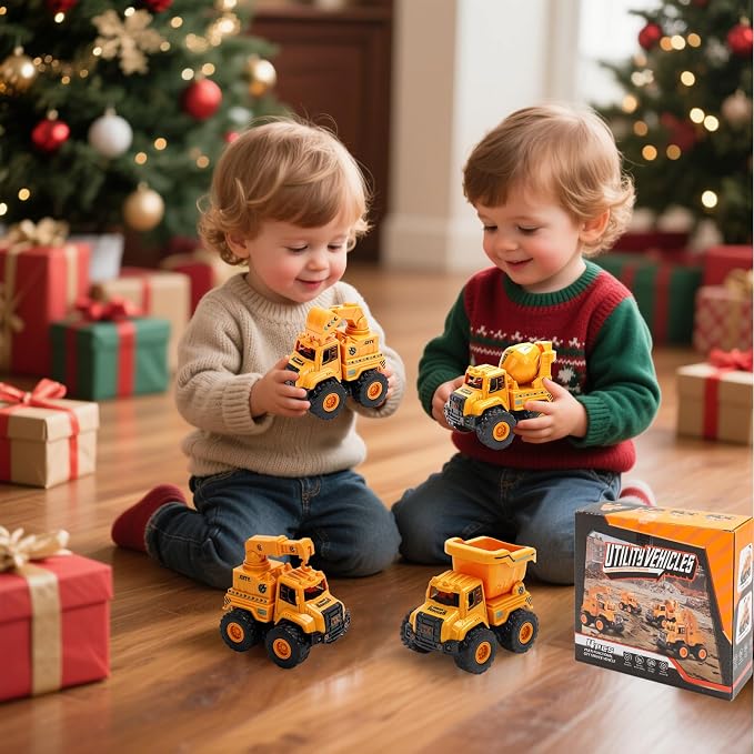 Construction Truck Toys for Toddlers 1-3, Push and Go Toy Vehicles Set with Mixer, Dump Truck, Excavator, Bulldozer, Friction Powered Cars for Boys and Girls, Gift for 2 3 4 5 Year Old Kids
