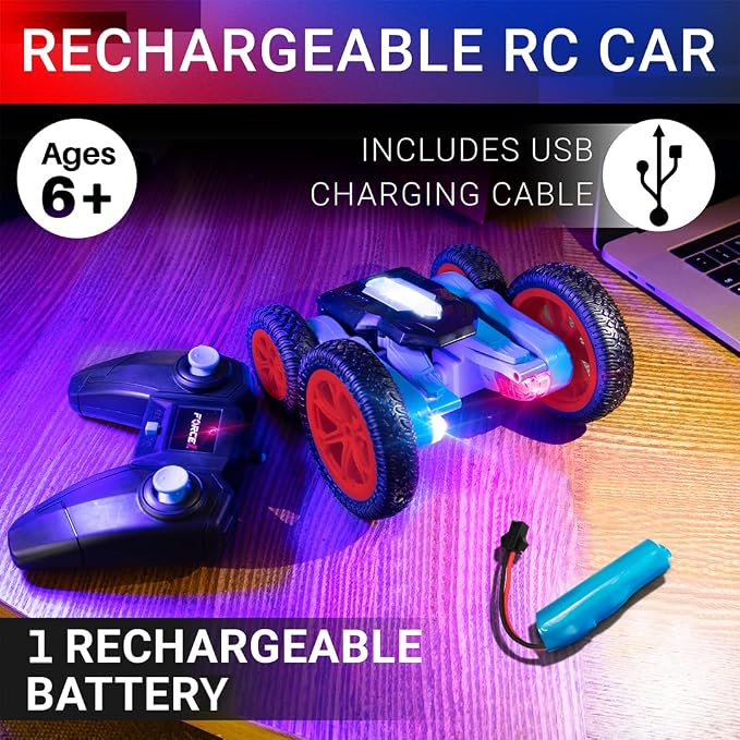 Force1 Tornado Red LED Remote Control Car for Kids- Double Sided Driving Fast RC Cars 360 Flips, Outdoor 4WD Off Road Stunt RC Car, All Terrain Tires, RC Crawler Rechargeable Battery, 2.4GHz Remote