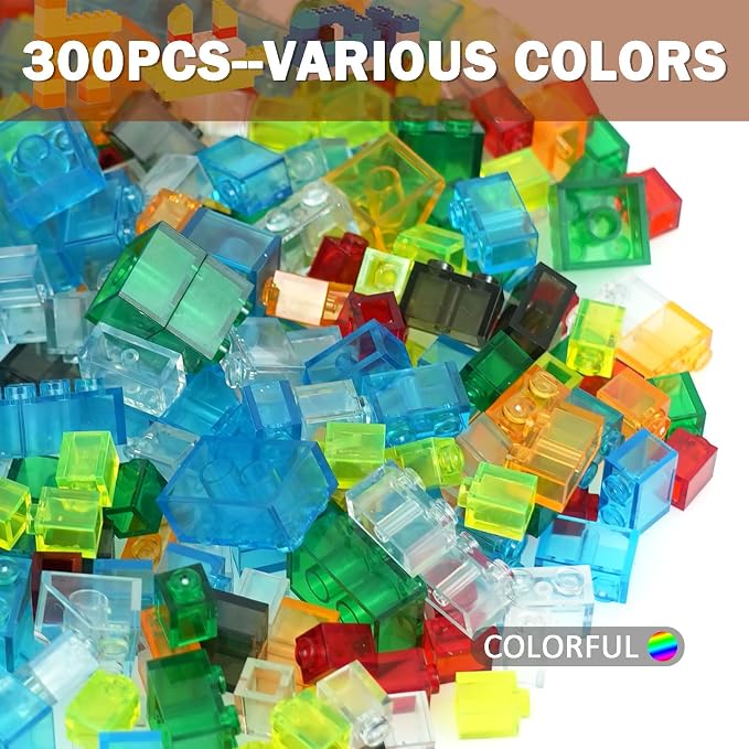 MALEKO 300 Pieces Transparent Clear Bricks Parts Pack, Classic Creative Bulk Blocks Set Blocks in Random Color - Mixed Shape