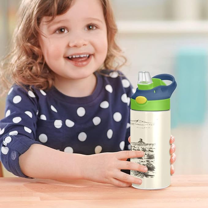 Boccsty Horse Cowboys Kids Water Bottle with Straw Lid American Wild West Desert Insulated Stainless Steel Reusable Tumbler for Boys Girls Toddlers 12 oz Green