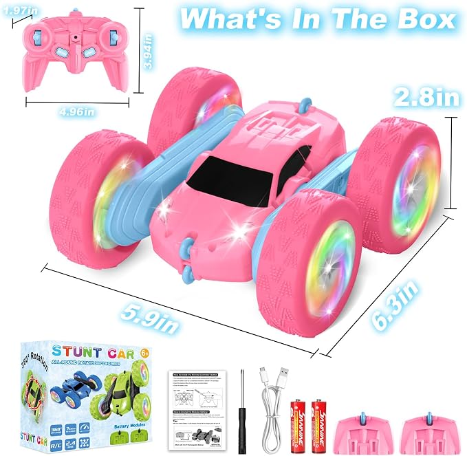 Remote Control Car, RC Cars for Girls, 2.4 GHz Double Sided RC Crawler with Upgraded USB-C Modular Battery, 360°Rotating Car Toys for 6 7 8 9 10 11 12 Year Old Girl Birthday Gift PinkBlue