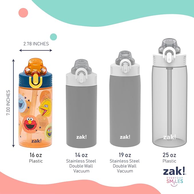 Zak Designs Sesame Street Sage Kids Water Bottle For School or Travel, 16oz Durable Plastic Water Bottle With Straw, Handle, and Leak-Proof, Pop-Up Spout Cover, 2-Pack Set (Elmo & Friends)