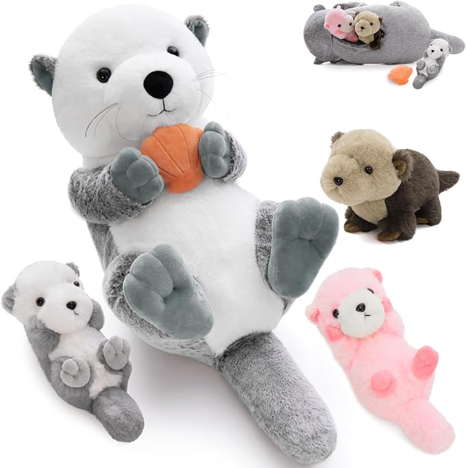 MorisMos 5Pcs Sea Otter Stuffed Animal with Babies,23.6'' Giant Mommy Stuffed Otter Toy with 3 Babies & Plush Seashell, Boy Girl Sea Animal Toys for Kids 3-5 Birthday Christmas Decor