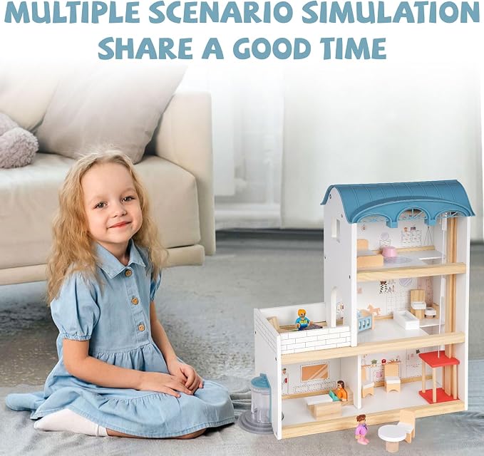 Wooden Dollhouse for Kids, 3-Story Wood Doll House Playset with Furniture, Accessories & 3 Toy Figures, DIY Pretend Play House for Toddlers, Girls & Boys, Miniature Dollhouse with Balcony Gift