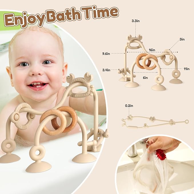 Baby High Chair Suction Cup Toys, Sensory Teething Relief | Tactile Silicone Teether Developmental Toy for Babies, Einstein Activity for Airplane Travel, Table, Highchair Tray