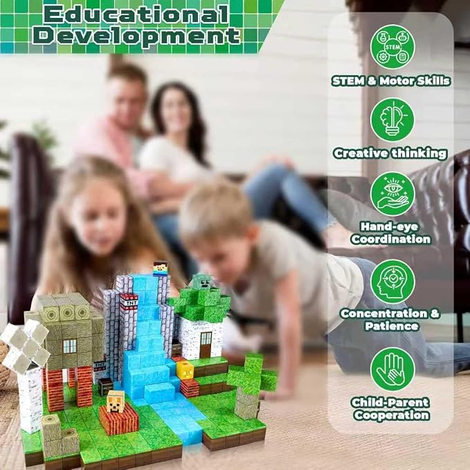 100PCS Magnetic Blocks Forest World Set - Build Mine Red House Waterfall Scene with Magnetic Cubes, STEM Educational Toys for Toddlers 3+, Creative Magnet Tiles Gifts for Boys & Girls