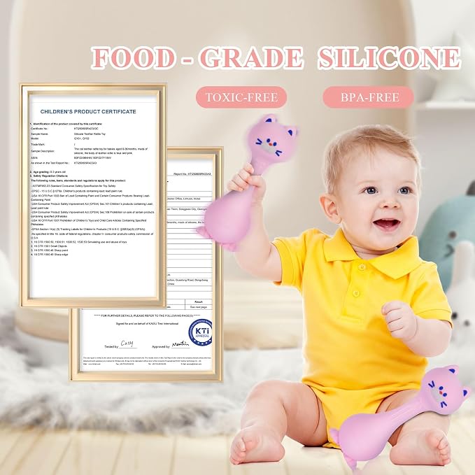 Baby Rattle Teething Toys Cat Silicone Teether Rattles for Baby 0-12 Months Food Grade Silicone (Pink)