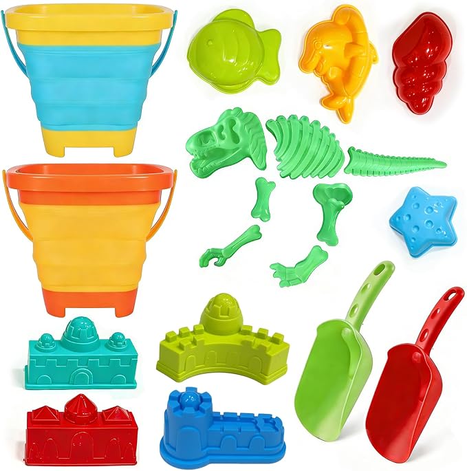 Foldable Beach Bucket and Shovel Set for Kids, 20PCS Sand Toys with Sand Molds (Castle, Dinosaur, Sea Animal) & Mesh Bag, Toddler Collapsible Outdoor Sand Toys for Beach, Sandbox, Pool, Summer Gift