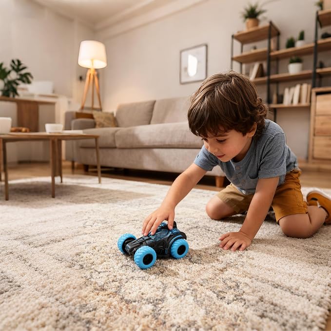 Friction Powered Flip Stunt Car, Push and Go Toy Car with 360° Upright Spin, Dual-Sided Rotating Off-Road Vehicle, No Batteries Required, Toy Car for Boys & Girls Ages 3 (Blue)