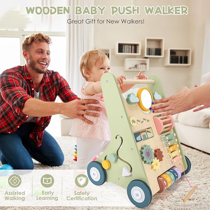 Baby Push Walker, Wooden Baby Walker with Wheels, Montessori Walker for Babies 12 Months, Adjustable Speed Push Walking Toys for Boys & Girls 1 Year Old, Christmas Birthday Gifts for Toddler