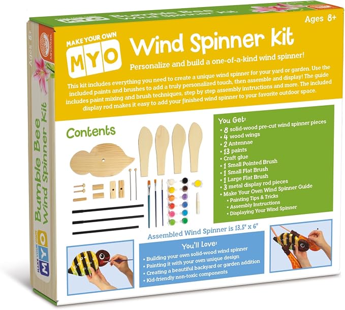 MindWare Make Your Own Bumble Bee Wind Spinner Wood Craft Kit - Build & Decorate for Ages 8 & Up