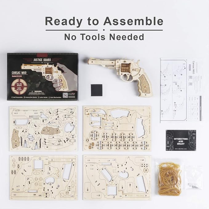 ROBOTIME 3D Wooden Puzzle Rubber Band Gun Model Toy DIY Craft Kits | Brain Teaser Gifts for Kids & Adults(Corsac M60)