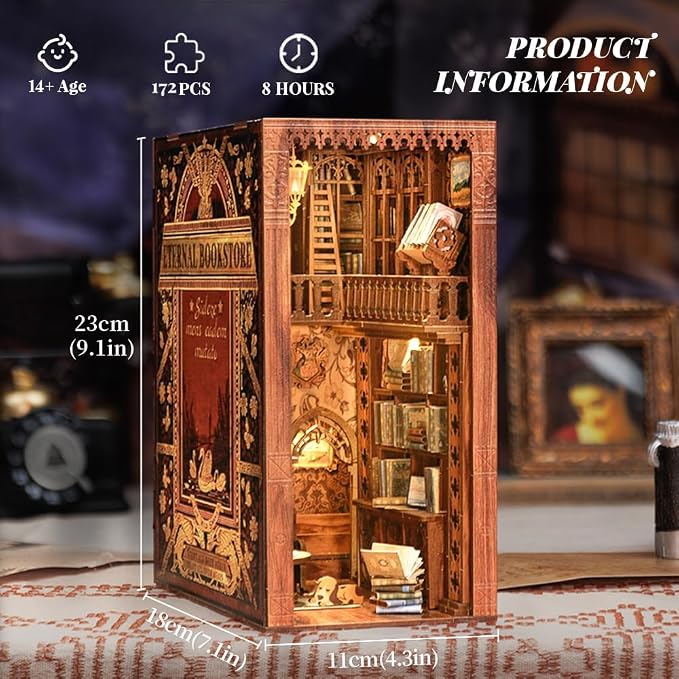 Fsolis Book Nook Kit, 3D Wooden Puzzles for Adults (Eternal Bookstore) | DIY Miniature House Kit, 172 Wood Pieces, Booknook Bookshop Bookshelf Insert and Bookends, Gifts for Women Book Lovers
