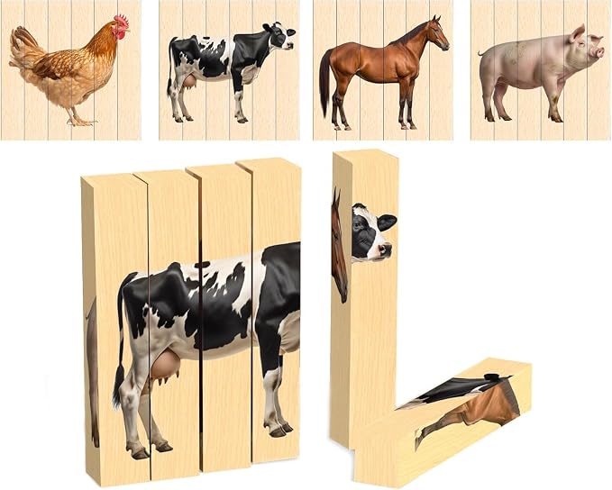 Wooden Animal Chunky Puzzles for Toddlers 2+ Years - Montessori 4 in 1 Complete Animal Collection - Farm, Safari & Woodland Block Puzzle Jumbo Set