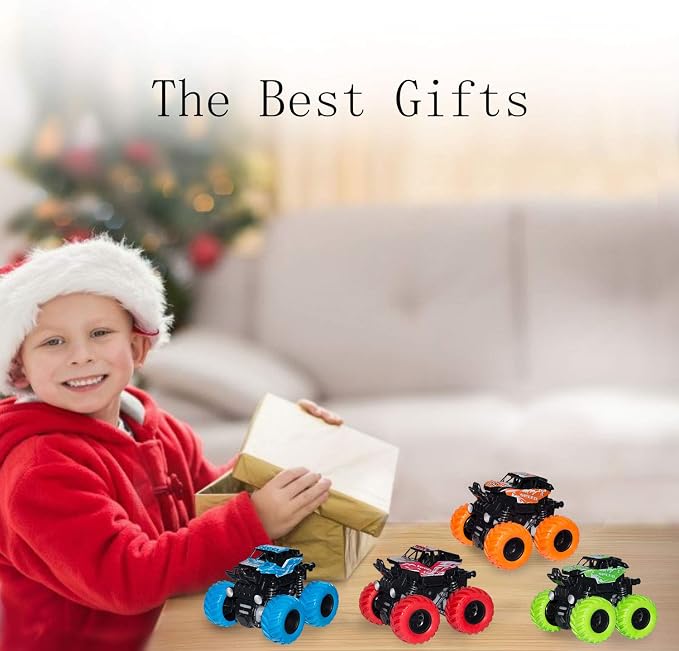 LONANDY Monster Truck Toys for Boys Age 4-7 - Friction Powered Car Toys for Kids Toddlers 3 4 5 6 Years, Push and Go Toy Cars Best Christmas Birthday Party Gift for Boys Girls 4 Pack