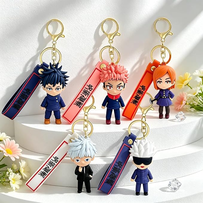 5Pcs JJK Anime Keychain Set, Fun Cartoon Figures Keyring, Collectible Pendant Keys Gift for Men Women Fans
