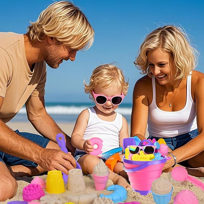31PCS Beach Toys Set for Girls Kids, Collapsible Sand Bucket and Shovels Set with Watering Can, Ice Cream Cake Sand Molds,Mesh Bag, Outdoor Play Travel Beach Toys for Kids Toddler Boys Girls