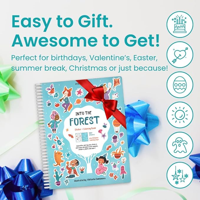 CUPKIN Into The Forest 500+ Kids Sticker Book Toddler Airplane Travel Activity Coloring and Sticker Book, Road Trip Essentials, 12 Coloring Pages 12 Scenes for Ages 2–8 Years