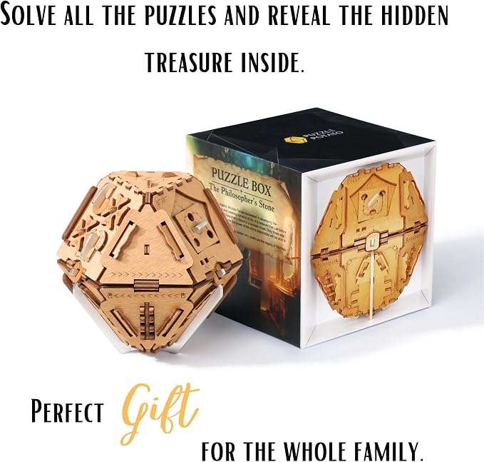 Puzzle Potato Philosopher's Stone Puzzle Box - 3D Brain Teaser Puzzle for Adults - Wooden Treasure Chest - Money Puzzle Box for Cash Gift - Escape Room Game (Metal)