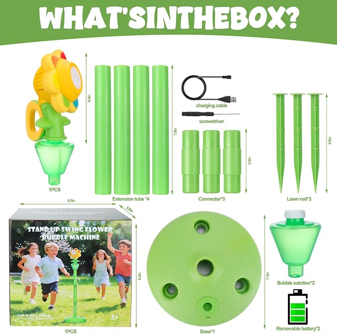 2 pcs Automatic Flower Bubble Machine for Kid,Rechargeable Sun Flower Bubble Maker with Lights for Parties, 28in to 41in Adjustment Height Bubble Machine for Toddlers,Idea for Outdoor Kid Gift